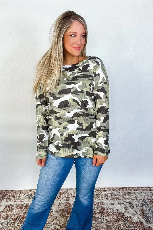 Camo Print Brushed Knit Top