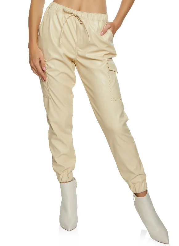 Faux Leather High Waist Cargo Pocket Joggers