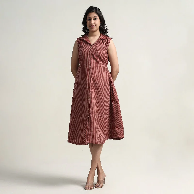 Wine Red - Plain Handloom Cotton Collared Neck Buttoned Down Dress