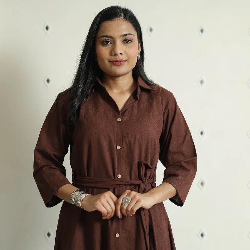 Brown - Plain Flex Cotton Collared Neck Buttoned Down Dress