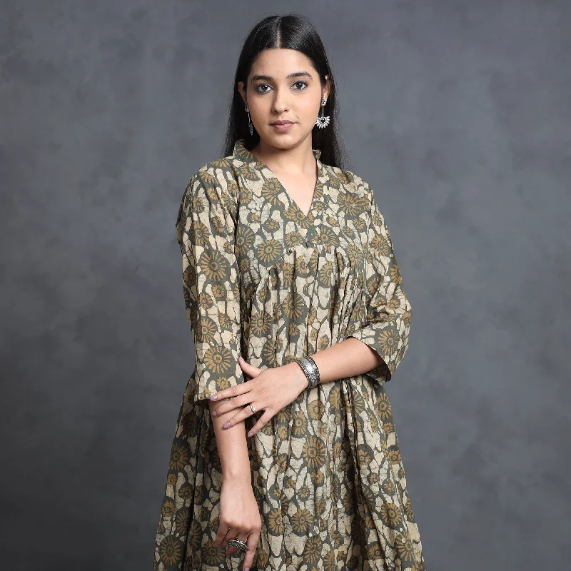 Brown - Hand Batik Printed Cotton Flared Gher Dress