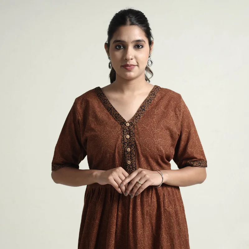 Brown - Bagh Block Printed Cotton Dress