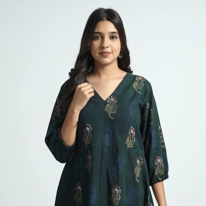 Dark Green - Nandana Hand Block Printed Cotton Dress