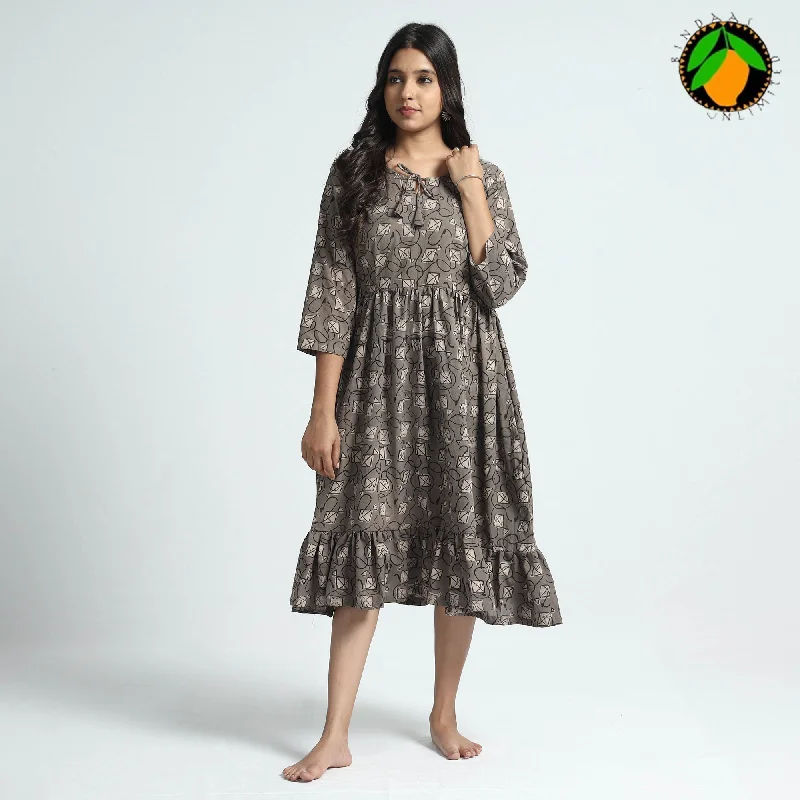 Brown - Bindaas Art Block Printed Cotton Dress