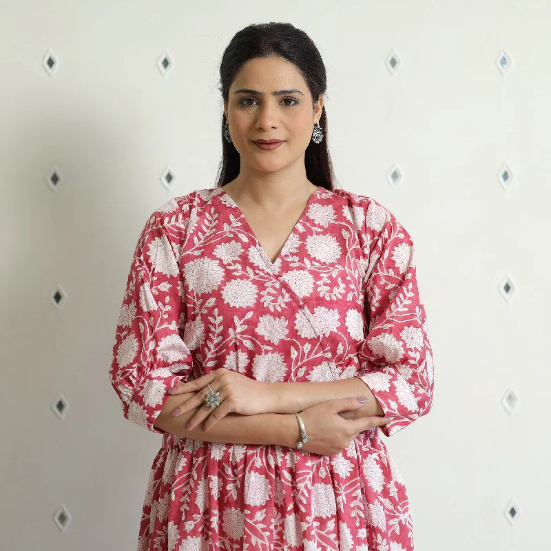 Pink - Sanganeri Block Printed Cotton Angrakha Flared Dress