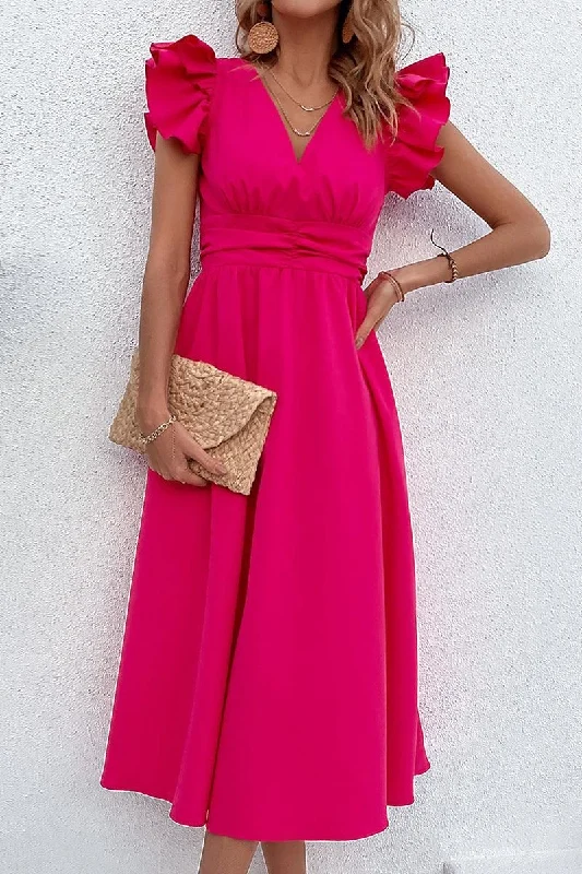 ROSE SHOULDER WRINKLED TIGHTEN WAIST FLARE DRESS