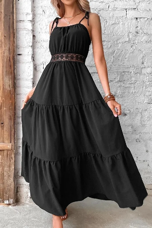 TIED STRING SPAGHETTI STRAP LACE WAIST MAXI DRESS