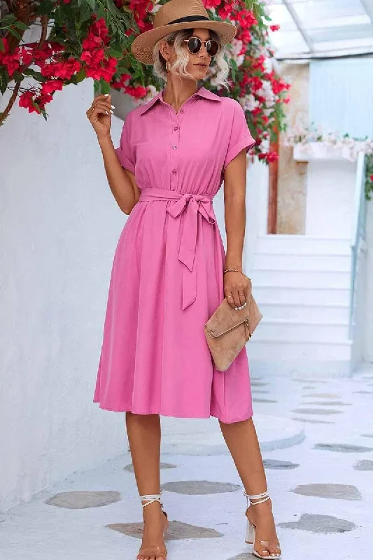 ROLL UP SLEEVE TIED WAIST FLARE SHIRTS DRESS