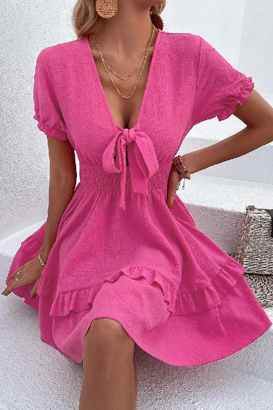 PUFF LACE RUFFLED TIED CHEST MINI DRESS