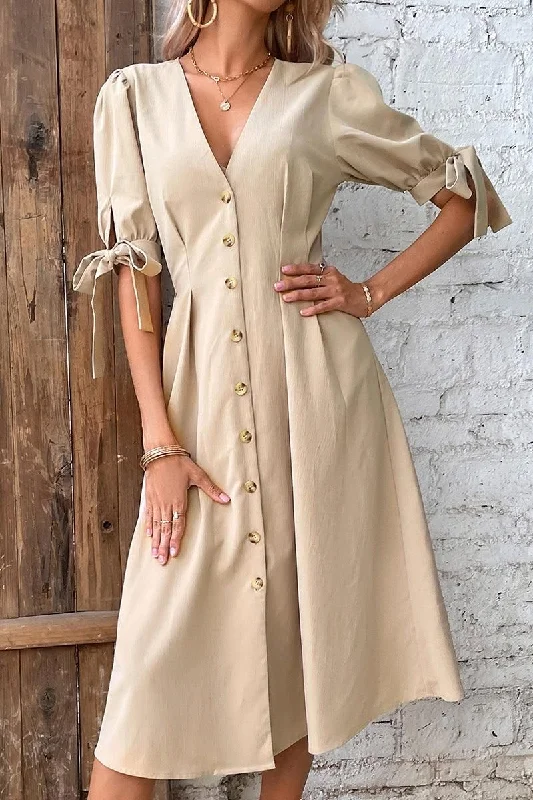 PUFF TIED SLEEVE V NECK BUTTON UP FLARE DRESS