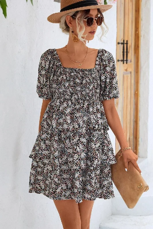 OFF SHOULDER SQUARE NECK FLORAL TIERED DRESS