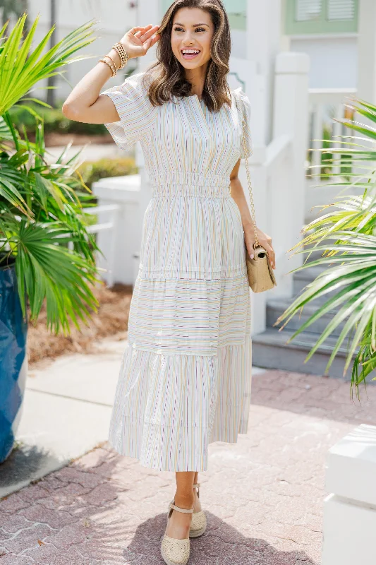 Fate: Stay Where You Are Cream White Striped Midi Dress