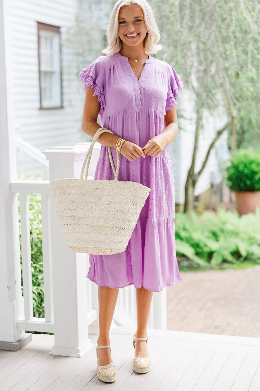 Feeling The Joy Lavender Purple Eyelet Midi Dress