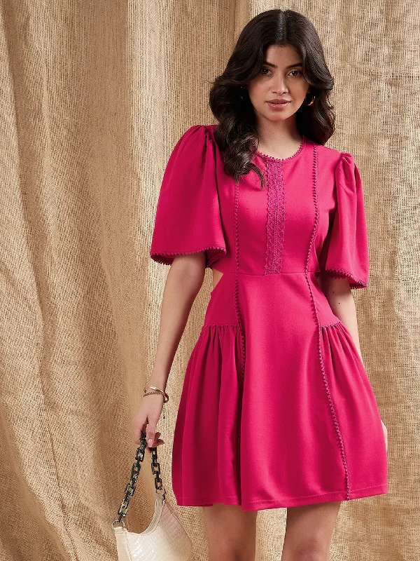 Women Fuchsia Side Cut Out Skater Dress