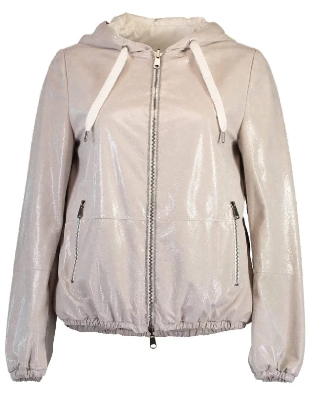 Crackled Leather Hooded Bomber Jacket