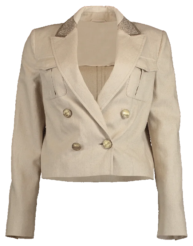 Cropped Linen Paillette Collar Jacket