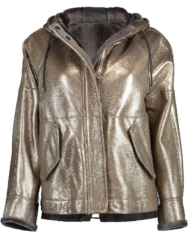 Metallic Shearling Hooded Jacket