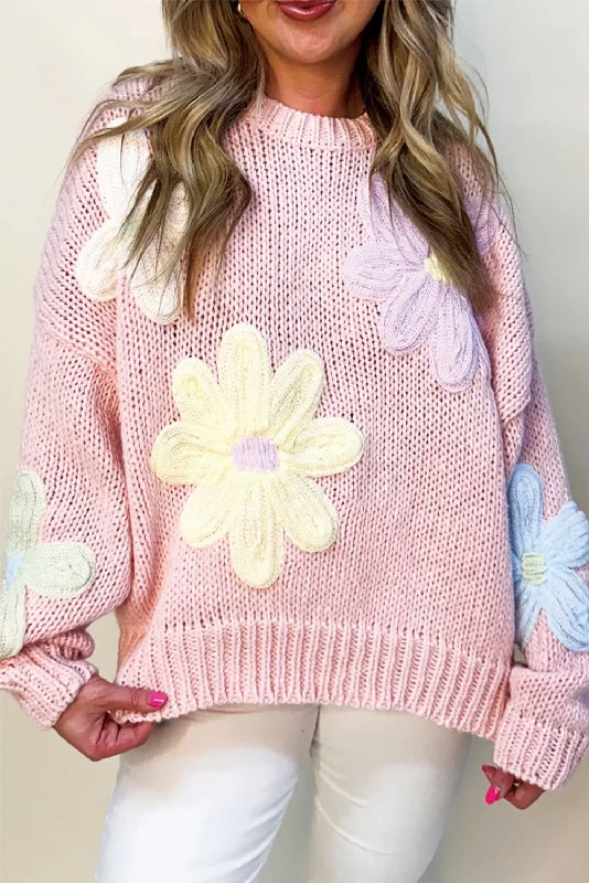 Pink 60s Flower Drop Sleeve Cable Knit Sweater