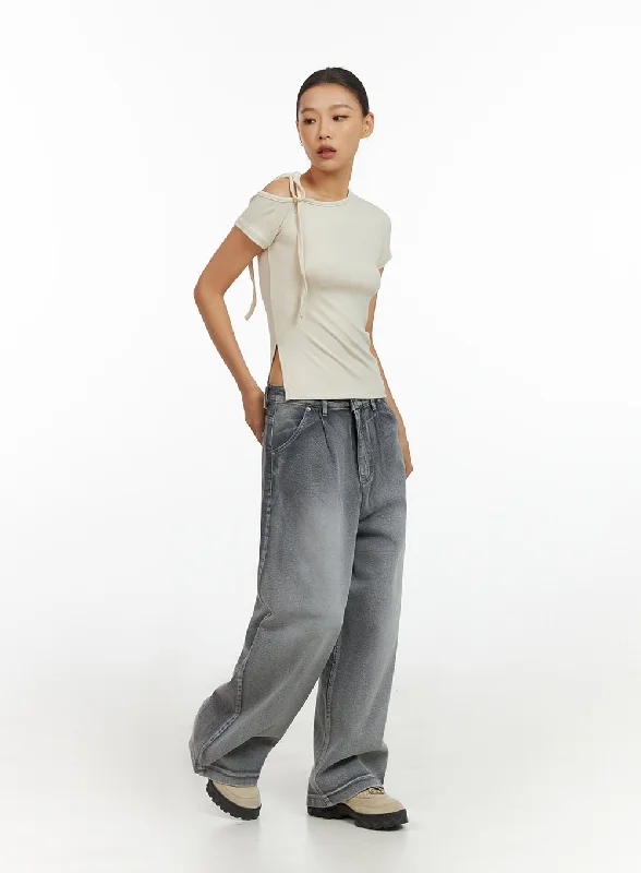 Pintuck Washed Cotton Baggy Jeans IL409